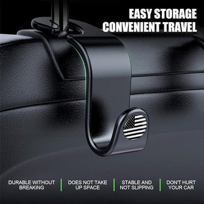 4PCS Car Seat Headrest Hooks, Auto Back Seat Hanger Holder, Durable Stylish Vehicle Organizer Universal Car Interior Accessories, Storage Hooks for Purses, Bags, Clothes, Hats (Black/Black Flag)