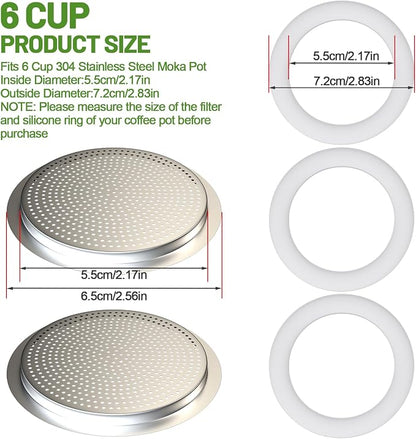 2 Pcs Filter with 3 Pcs Silicone Gasket Seals for 6 Cup Stovetop Espresso Coffee Maker Replacement Parts for 304 Stainless Steel Moka Pot