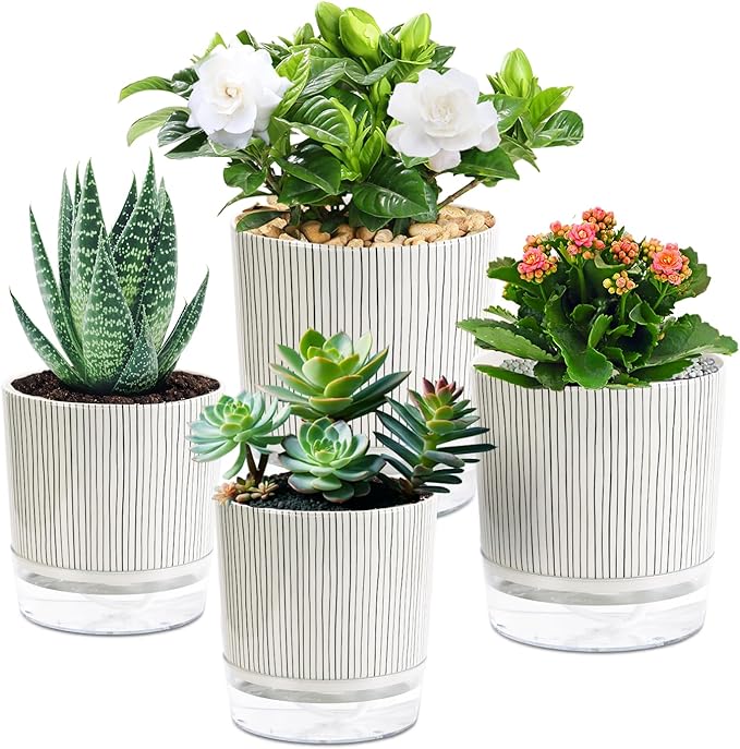Self Watering Pots for Indoor Plants, 5 & 4 Inch Stylish Flower Pots, Set of 4 Modern Planters with Self Watering Plant Feature (Black Stripes)
