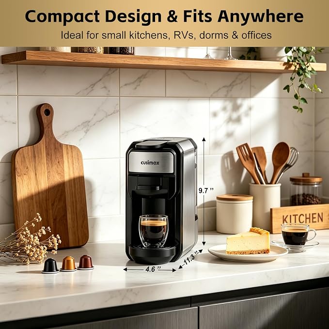 CUSIMAX Espresso Machine Compatible with Nespresso Original Pods | Single Serve Espresso Coffee Maker, Programmable Brew Size, 19Bar High Pressure, 20oz Removable Water Tank, Stainless Steel