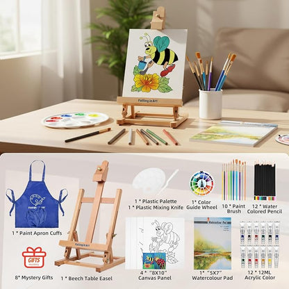 Falling in Art Painting Set for Kids with Table Easel, Acrylic Painting Starter Kit with Art Smock, Acrylic Paints, Colored Pencils, Paint Brushes, Canvas Panels and Watercolor Pad for Christmas Gift