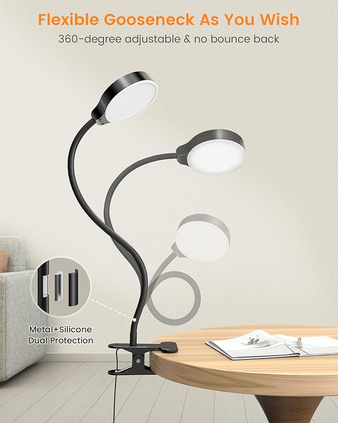Glocusent 5W Clip on Light, 3 Colors & 5 Brightness Reading Light for Bed | Flexible Gooseneck Clip on Lamp, 30-Min Timer, Reading Lamp, Perfect Desk Lamp for Dorm,Bunk,Bed,Headboard,Table,Work,Craft