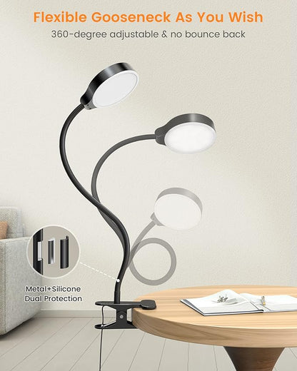 Glocusent 5W Clip on Light, 3 Colors & 5 Brightness Reading Light for Bed | Flexible Gooseneck Clip on Lamp, 30-Min Timer, Reading Lamp, Perfect Desk Lamp for Dorm,Bunk,Bed,Headboard,Table,Work,Craft