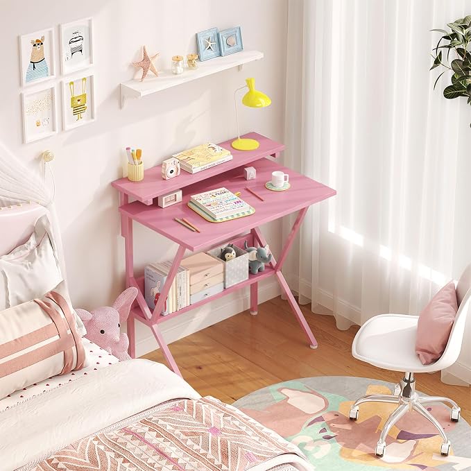 COTUBLR Small Desk, 27.5 Inch Small Computer Desk for Spaces, Computer Desks with Adjustable Monitor Stand, Compact Desks with Storage, Tiny Study Table for Bedroom Home Office, Pink