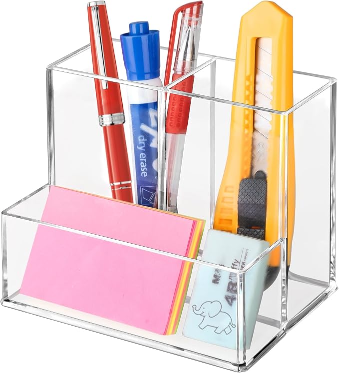 Pen Holder for Desk, Clear Acrylic Pencil Holder for Desk, Marker Holder with 3 Compartments, Pencil Organizer for Home, Office, Classroom, Bathroom | Plastic Marker Holder with 3 Compartments, Pencil Organizer for Office, Makeup Brush Holder for Bathr...