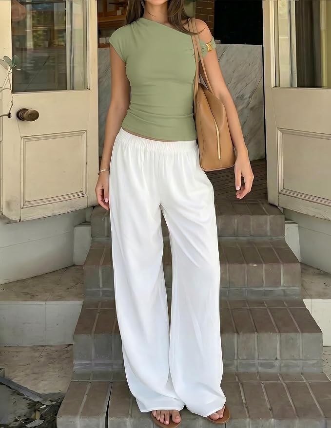 ZESICA Women's 2026 Summer Off Shoulder Tops Going Out Sexy Y2k Shirts Spring Cap Sleeve Ruched Asymmetrical Blouses