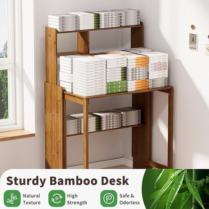 Folding Desk for Small Spaces, Bamboo Foldable Desk with Bookshelf, Brown | Small Computer Desk with Storage, Mid Century, Fold Out，Compact Size, for Bedroom, Living Room, Apartment, Home Office