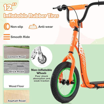 GYMAX Scooter, Kick Scooter for Adults, Teens, Kids with Adjustable Handlebar, 12” Inflatable Wheels, Front Caliper Brake & Non-Slip Deck, Heavy Duty Off-Road Scooter