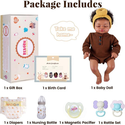 BABESIDE Black Reborn Baby Dolls, 17 Inch Realistic Black Newborn Lifelike Real Life Baby Dolls Soft Vinyl & Cloth Body with Feeding Kit Gift Box for Kids Ages 3+