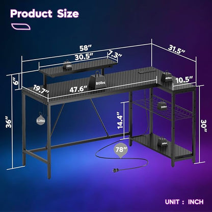 Bestier 58-Inch L-Shaped Gaming Desk with Charging & LED, Black | Charging 3AC+2USB, RGB LED Strip, Reversible Shelves, Monitor Stand, Headphone Hook, Metal Mesh Shelf, 58 in