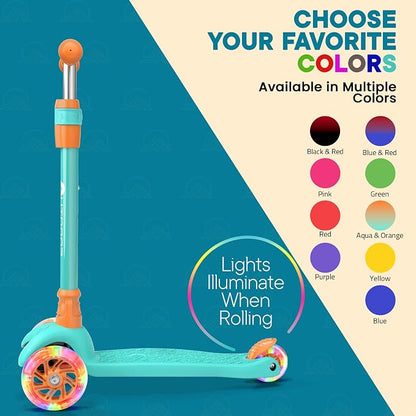 Outdoor Cruiser 3-Wheel Kids Scooter – with Lean-to-Steer Technology, Led Lighted Wheel, 4-Level Adjustable Height T-bar Handle, Support Kids Up to 150 Lbs, for Boys & Girls Ages 3-8, Aqua and Orange