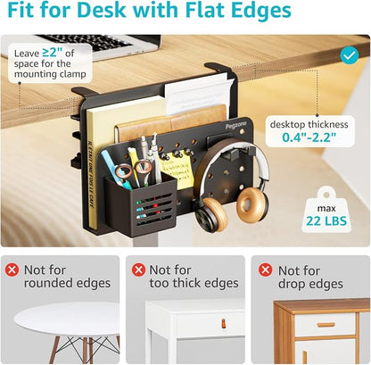 PEGZONE Desk Side Storage Organizer, Fits Flat Edge 0.4" to 2.2", Black | No Drill Under Desk Laptop Holder, Clamp on Desks Shelf with Pegboard Accessories, Hanging Laptop Mount