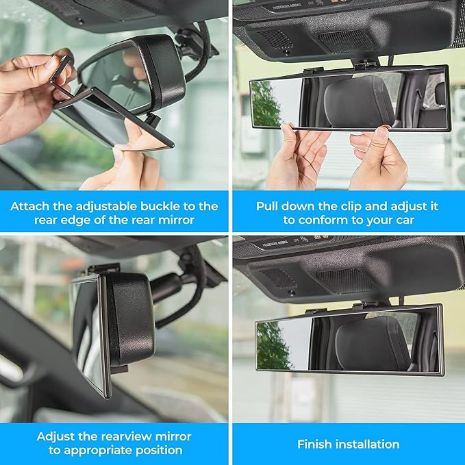 JOYTUTUS Panoramic Rear View Mirror, 12 Inch Wide Angle Clip On Mirror, Universal Car Interior Accessories, Convex Interior Mirror Reduces Blind Spot, Clear Vision Fits Car SUV Trucks