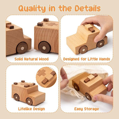 Wooden Toy Cars for 3 Year Old Boys & Girls - Construction Vehicles Set Push Toys for Toddlers, Wood Montessori Car with Rolling Wheels, Natural Wood Toys (Ambulance & Police Car)