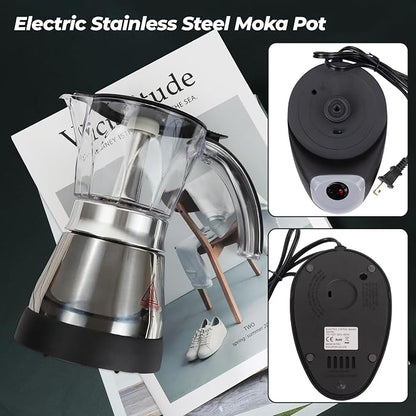 Electric Plastic Clear Moka Pot 3-6 Cup 150-300ml Mocha Pot | Stainless Steel Espresso Maker with Detachable Base Ideal Coffee Maker for Home Italian and Cuban Café Coffeemaker Black