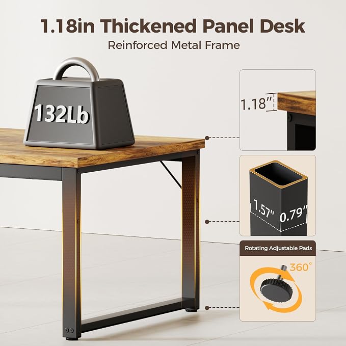 Mericonia 40 Inch Computer Desk, 1.2" Thick Small Office Table, Brown | Modern Simple Style, Heavy Duty Industrial Frame, Small Study & Writing Table for Home Bedroom Work