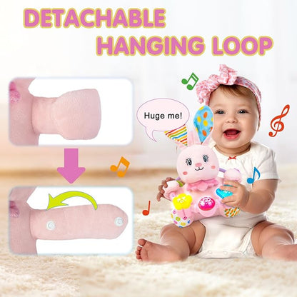 Ryotagift Baby Bilingual Musical Rabbit Stuffed Animals Toys,Infant Early Learning Toy with Light-Up Music & Crinkle,Tummy Time Toys for 0 3 6 9 12+ Months for Baby Boy Girl Easter Gift,Pink