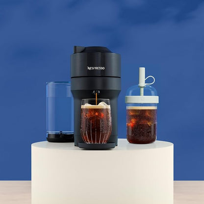 Nespresso Vertuo Pop+ Iced Coffee & Espresso Maker Bundle by De'Longhi | Iced Coffee Bundle by De'Longhi in Liquorice Black: 10 iced coffee pods, 10 Melozio pods and a travel tumbler included.
