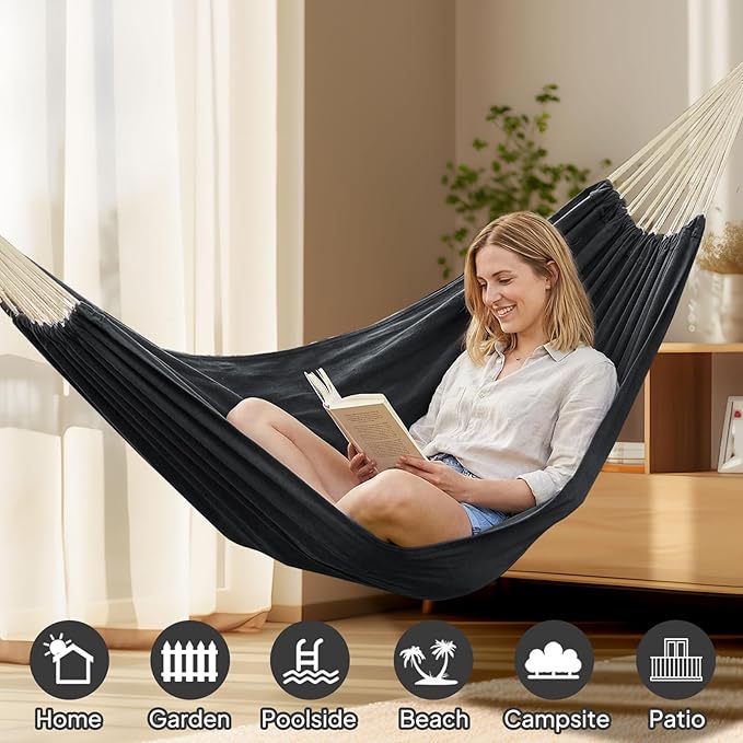 ANYOO Cotton Hammock Portable Camping Hammocks for Hanging Sturdy Garden Comfortable Fabric Hammock with Tree Straps Up to 660lbs with Travel Bag for Camping Outdoor/Indoor Patio Backyard