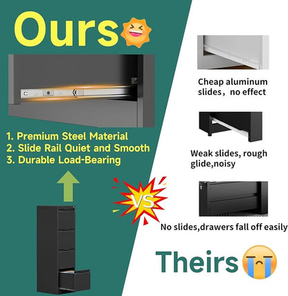 4 Drawer File Cabinet, Vertical Filing Cabinets for Home Office, 17.8" d Metal File Cabinets with Lock, Black Deep File Cabinets for Legal/Letter Size File, Easy Assembly