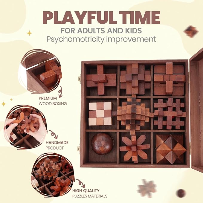 Wooden Brain Teaser Puzzles for Adults - Brain Teaser Puzzles with Wooden Box 3D Puzzle Game Toys for Adults Teens - Unlock Interlocking Puzzle Adults Teens IQ Education Smart Toys