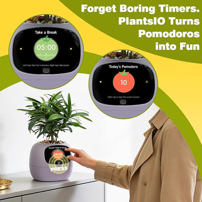 Smart Plant Pot with Visual Display – Soil Moisture, Water Level, Light & Battery Monitor, 80ml Self-Watering Reservoir, Supports 50+ Plants, Pomodoro Timer, Clock & Calendar (Purple)