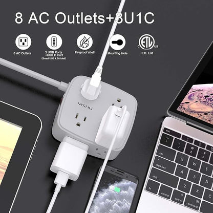 10 Ft Surge Protector Power Strip - 8 Widely Outlets with 4 USB Ports, 3 Side Outlet Extender with 10 Feet Extension Cord, Flat Plug, Wall Mount, Desk USB Charging Station, ETL, Grey
