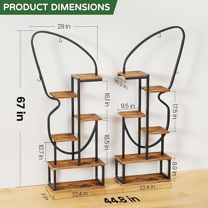 6 Tier Plant Stand Indoor Butterfly-Shaped, Tall Metal Plant Stand with 6 Plant Hooks & 12 Boards, Large Ladder Plant Shelf with Adjustable Feet for Living Room, Balcony, Garden, Art Studio (2 Pack)