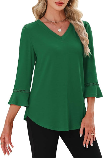 WIHOLL Womens Blouses Dressy Casual 3/4 Length Sleeve Tops Lace Trendy 2026 Spring Summer V Neck Shirts Vacation Outfits