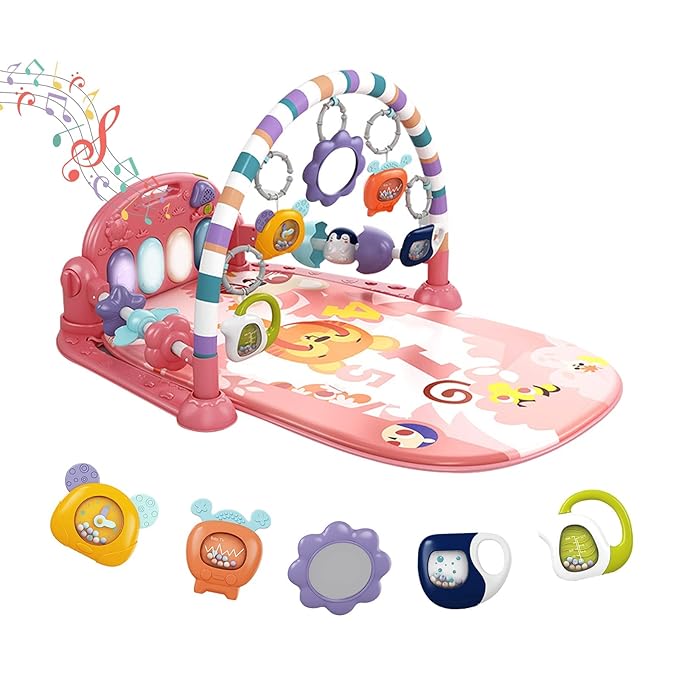 dearlomum Baby Play Mat Gym, Funny Play Piano Tummy Time Activity Mat with 5 Infant Sensory Toys, Music and Lights, Boy & Girl Gifts for Newborns 0 to 3 6 9 12 Months (Pink)