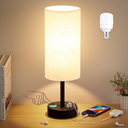 Dicoool Bedside Table Lamp for Bedroom - 3-Way Dimmable Touch Lamp, USB A+C | LED Bulb Included, 14" Small Nightstand Lamp for Desk, Living Room, Guest Room, Beige Fabric Lampshade, Black Metal Base