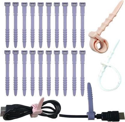 Reusable Silicone Zip Ties Cord Organizer: Silicone Cable Ties Straps for Cable Management - 20PCs 4.5” Purple Elastic Wire Cord Organizer for Home Office and Travel