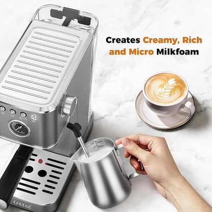 CHULUX Elite Espresso Coffee Machine with Steam Wand for Cappuccino, Gray | Hot and Iced Espresso, 1350W Fast Heating System, Visible Pressure Gauge, PID Temperature Control, Pre-Infusion Technology