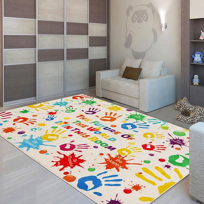 Colorful Kids Rug, Washable Rug for Kids, Handprints Area Rugs for Kids Bedroom, Non-Slip Play Mat Ultra Soft Thick Indoor Plush Rugs for Playroom Classroom Nursery Decor (78.7 X 59 INCH)