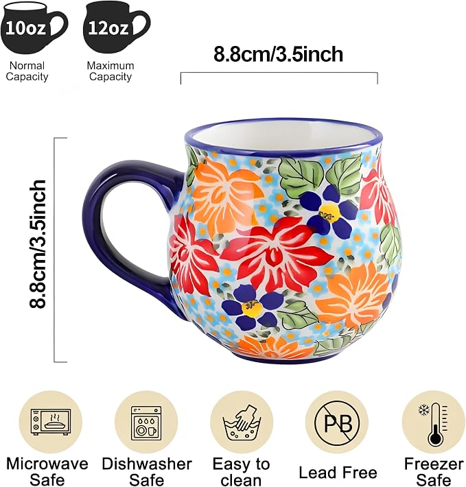 ALMA 12oz Handpainted Flower Ceramic Tea Cup | Microwave & Dishwasher Safe, Ideal for Morning Coffee Tea, Home Kitchen Dining Room Display, For Home Makers & Women