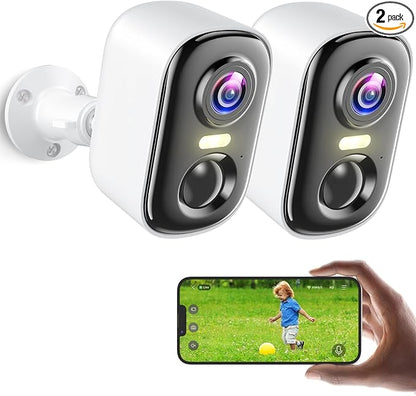 2K Security Cameras Wireless Outdoor, 2 Pack Battery Powered WiFi Cameras for Home Security with AI Motion Detection, Color Night Vision, Siren Alarm, 2-Way Talk, IP66 Waterproof, Cloud/SD Storage