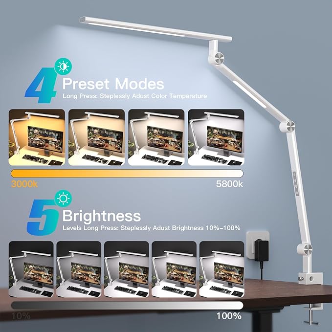 LED Desk Lamp, Desk Light for Home Office, Dual Light Source 18W Brightest, Eye-Caring Optical Lens, Office Lamp, 5 Color Modes & Brightness, Aluminum Alloy Drafting Light, Clamp Lamp, White