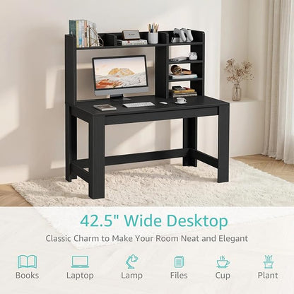 WINAZ 43" Black Gaming Desk with Hutch and Built-in Power Outlet | Modern Computer Desk with 3-Tier Storage Shelves and Hutch, Space-Saving Writing Table for Home Office