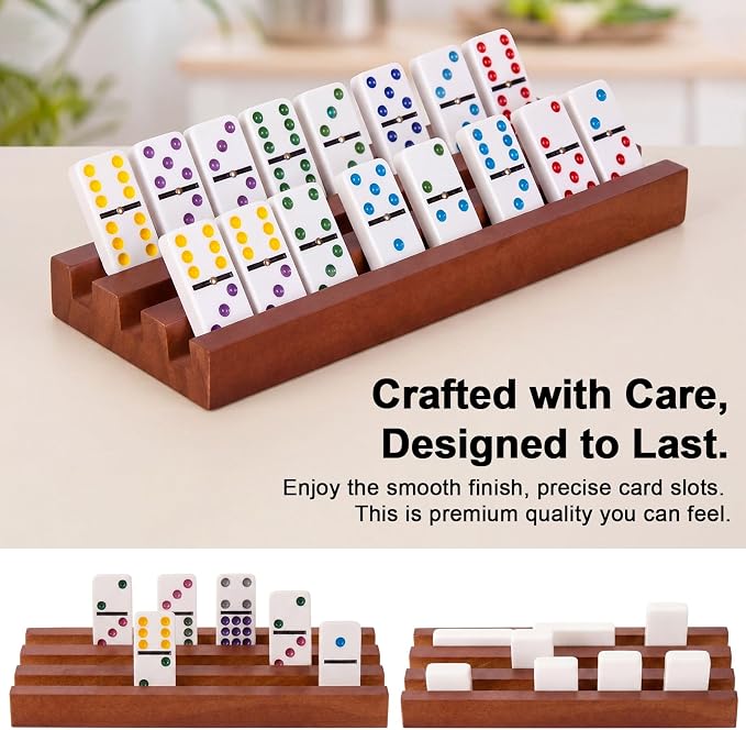 Soulchen Walnut Wood Color Wooden Domino Racks Set of 8, Wood Domino Tiles Trays Holders Organizer for Mexican Train Classic Board Accessories, Dominoes Not Included (7.1 x 2.8 Inch)