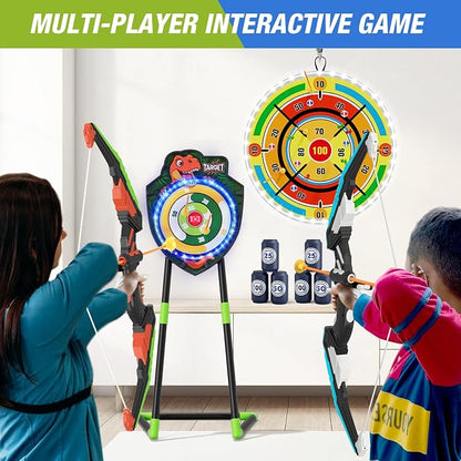 HYES 2 Pack Kids Bow and Arrow with 29" Large Dart Board, LED Light Up Archery Set with 24 Suction Cup Arrows, Indoor Outdoor Sport Toys Gifts for 3 4 5 6 7 8 9 10 11 12 Year Old Boys Girls