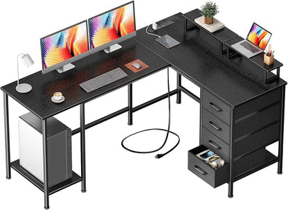 Korfile 59 inch L Shaped Computer Desk with Power Outlets, Black | Ideal for Home Office, Bedroom, Corner, 4 Adjustable Storage Drawers, 2 Monitor Stands, Reversible, Two Person Gaming Table