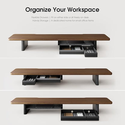 Fenge 42.5" Monitor Stand with Storage Drawers, Minimalist Monitor Riser with Solid Ash Legs and Cable Management, Wooden Desk Shelf for Home Office Workspaces, Brown