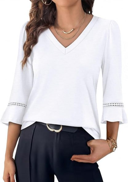 WIHOLL Womens Blouses Dressy Casual 3/4 Length Sleeve Tops Lace Trendy 2026 Spring Summer V Neck Shirts Vacation Outfits