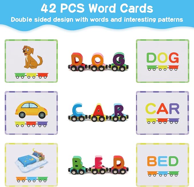 Wondertoys Wooden Alphabet Train Toy 27 PCS Magnetic Alphabet ABC Letter Train Set Includes 42 PCS Flash Cards, 1 Engine and 1 Storage Box for Toddlers Kids Boys and Girls