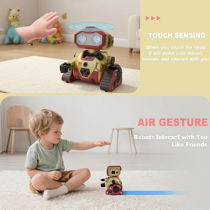 BYTEWAR Interactive Smart Robot Toys, Rechargeable Remote Control Emo Robot with Learning Gesture Sensing, Auto-Demonstration, Music and Dance, Shining LED Eyes, Birthday Gift for Kids(Gold)