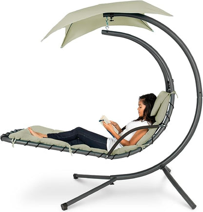 Best Choice Products Outdoor Hanging Curved Steel Chaise Lounge Chair Swing w/Built-in Pillow and Removable Canopy - Sage