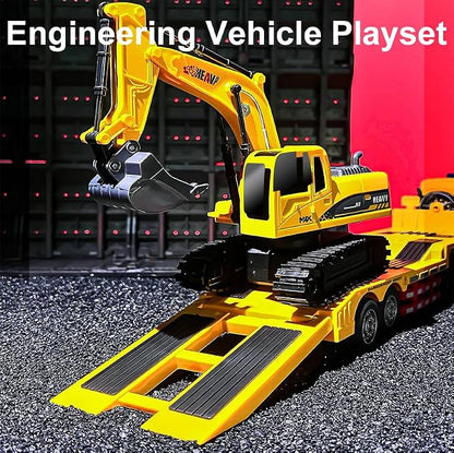 RC Semi Truck and Trailer & Excavator Toy Set - 11CH 24.6" Dual Control Mode Remote Control Engineering Vehicle with Sound & Lights, 2.4Ghz Flatbed Truck with Excavator Toys, Great Gift for Kids Boys