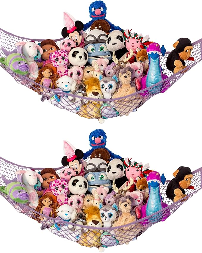 Lilly's Love Stuffed Animal Hammock | Corner Hanging Organizer, Toy Storage, Stuffed Animal Storage Net | Made from Quality Fishing Net, Holds 12lbs | 67"x47"x47" (Pastel Purple, 2 Pack)