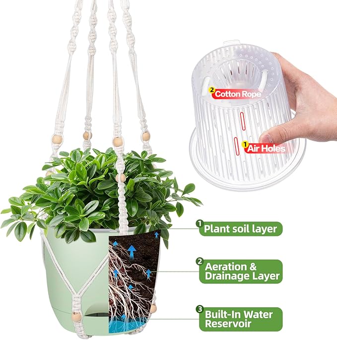 2-Pack 5.7-Inch Self-Watering Hanging Planters for Indoor & Outdoor Plants,34Inch Macrame Hanger Plant Pots Indoor with Drainage,Small Hanging Planters & Baskets,With Two Sets of Hooks（Pure green）