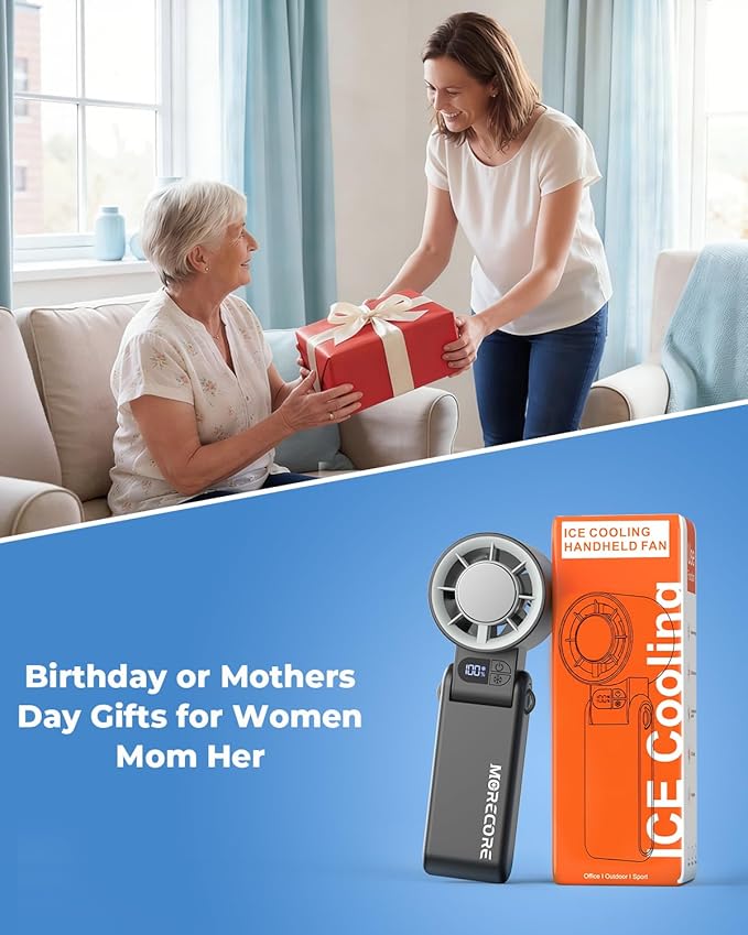 MORECORE Portable Handheld Fan with Ice Cooler, [Instant Chill to 50℉], Gifts for Men Mom Women Grandma Girl Her Hot Flash, 5000mAh Cooling Fan, Camping/Cruise/Soccer Game/Travel Essentials 2026